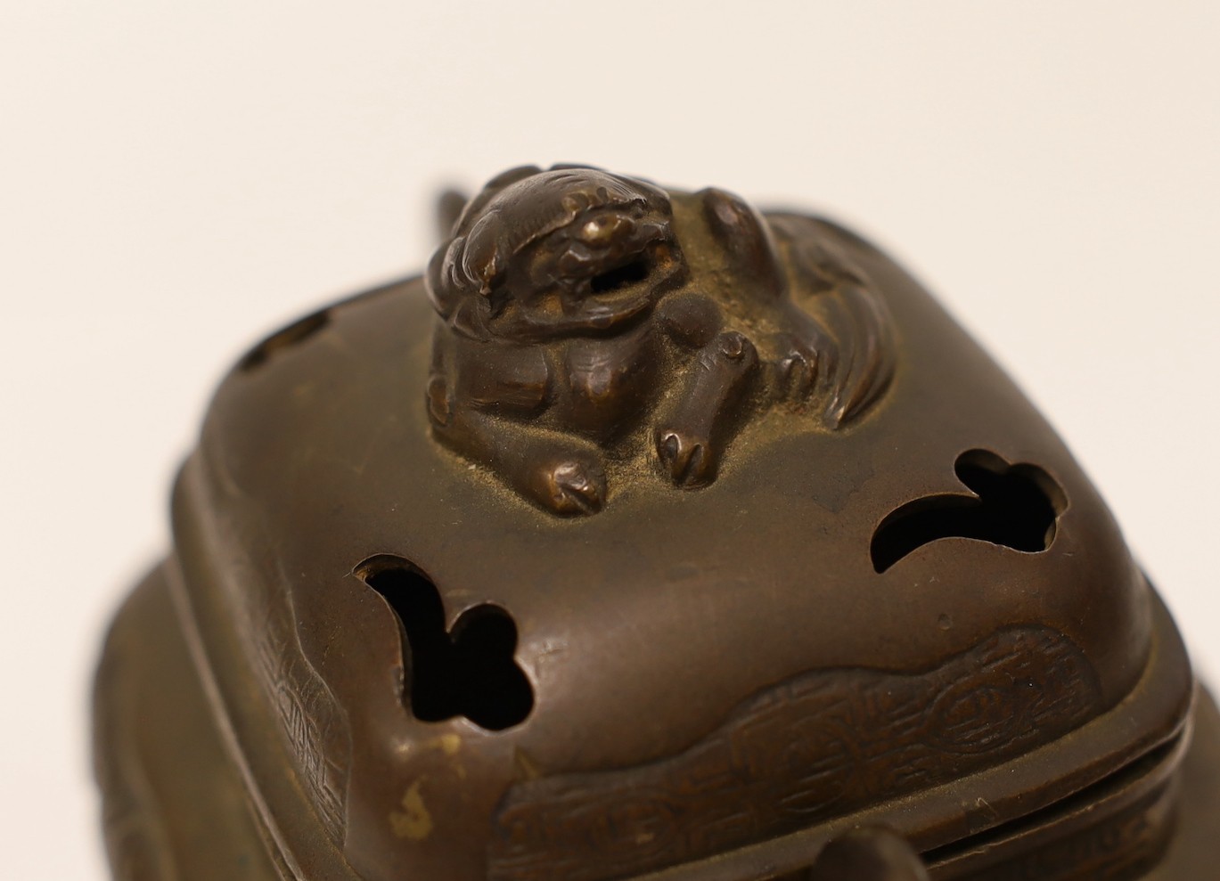 A Chinese bronze gui censer, a Japanese bronze censer and a cloisonne enamel box and cover, censer and cover 13cms high